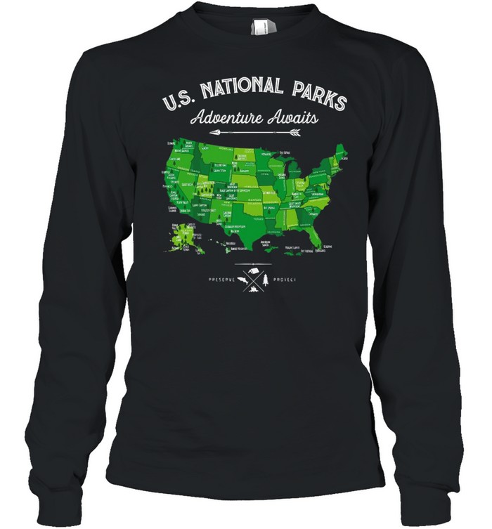 62 National Parks Map Us Park Vintage Camping Hiking T-shirt Long Sleeved T-shirt