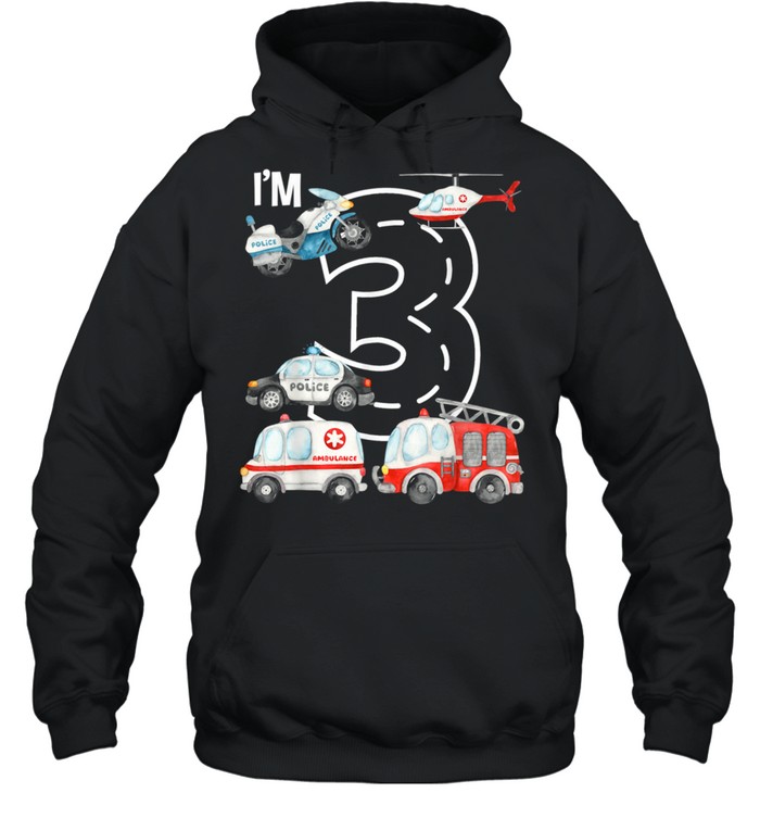 Emergency Vehicles 3rd Birthday Fire Truck Police Car Boys shirt Unisex Hoodie