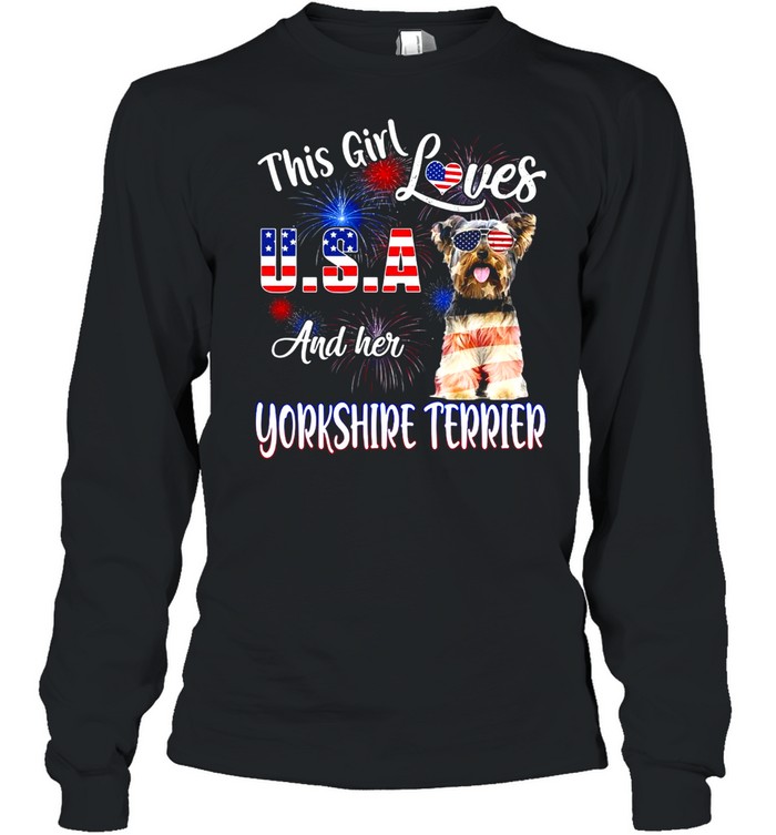 This Girl Loves USA And Her Yorkshire Terrier American Flag T-shirt Long Sleeved T-shirt