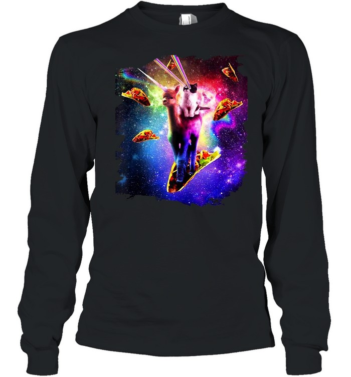 Cosmic Cat Riding Alpaca Unicorn Tacos T-shirt Long Sleeved T-shirt