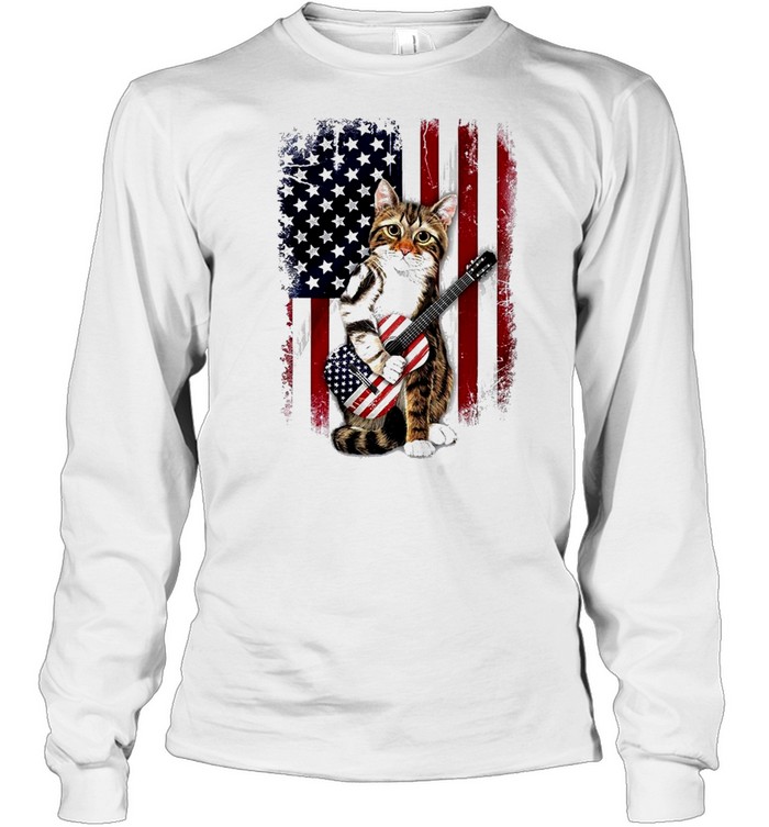 Cat hug guitar american flag shirt Long Sleeved T-shirt