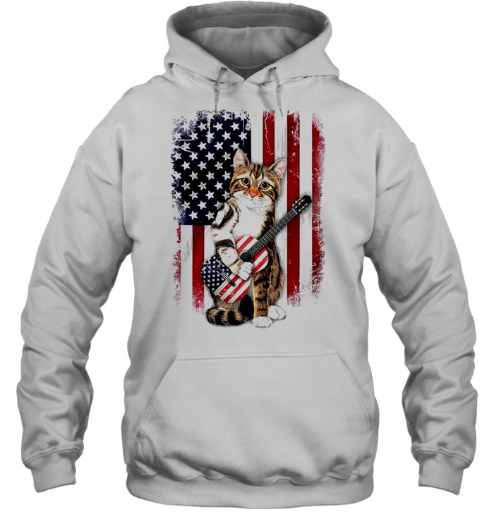 Cat hug guitar american flag shirt Unisex Hoodie