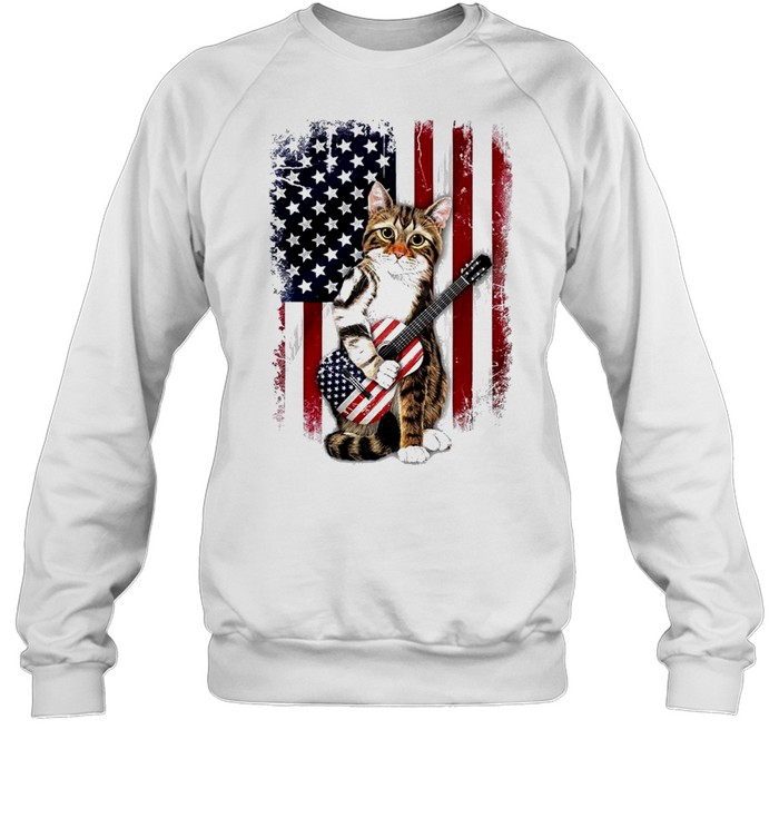 Cat hug guitar american flag shirt Unisex Sweatshirt