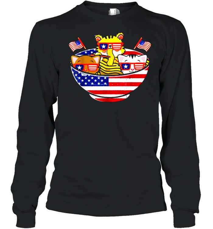 Cats Ramen Anime American Flag USA 4th Of July T- Long Sleeved T-shirt