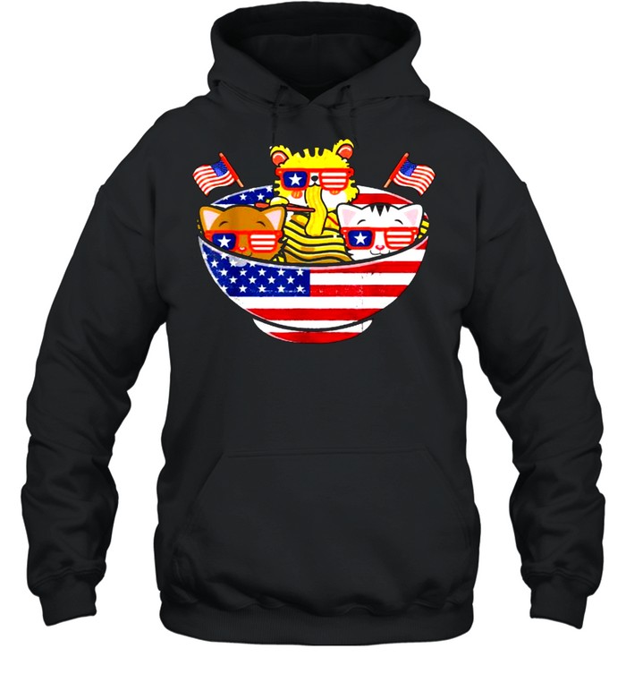 Cats Ramen Anime American Flag USA 4th Of July T- Unisex Hoodie