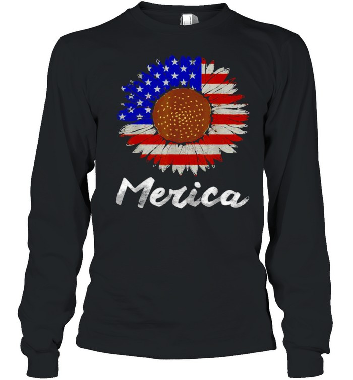 Merica American Flag Sunflower 4th July T- Long Sleeved T-shirt