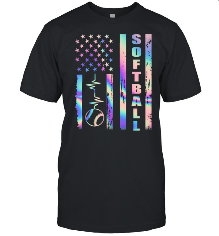 Softball American Flag Heart Beat Hologram T- Classic Men's T-shirt