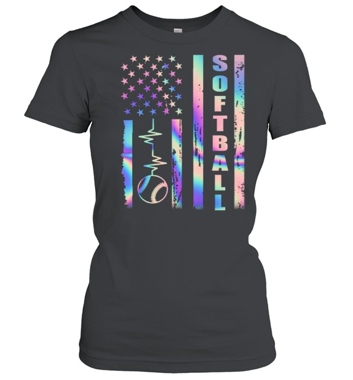 Softball American Flag Heart Beat Hologram T- Classic Women's T-shirt