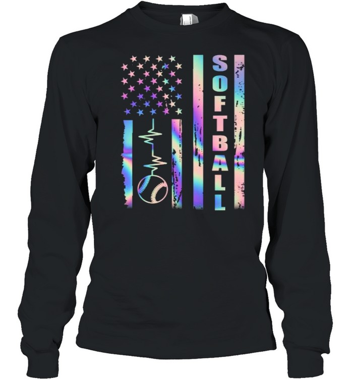 Softball American Flag Heart Beat Hologram T- Long Sleeved T-shirt