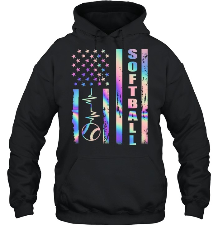 Softball American Flag Heart Beat Hologram T- Unisex Hoodie