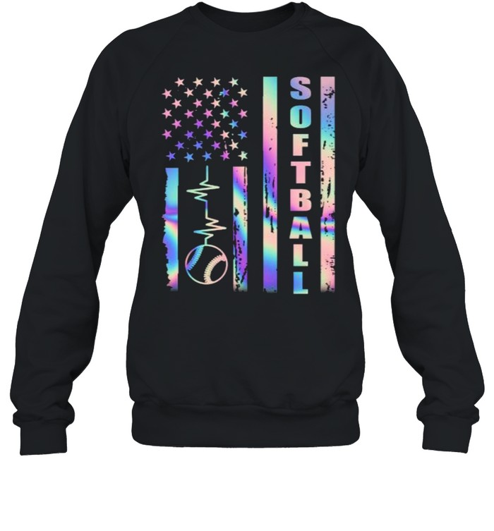 Softball American Flag Heart Beat Hologram T- Unisex Sweatshirt