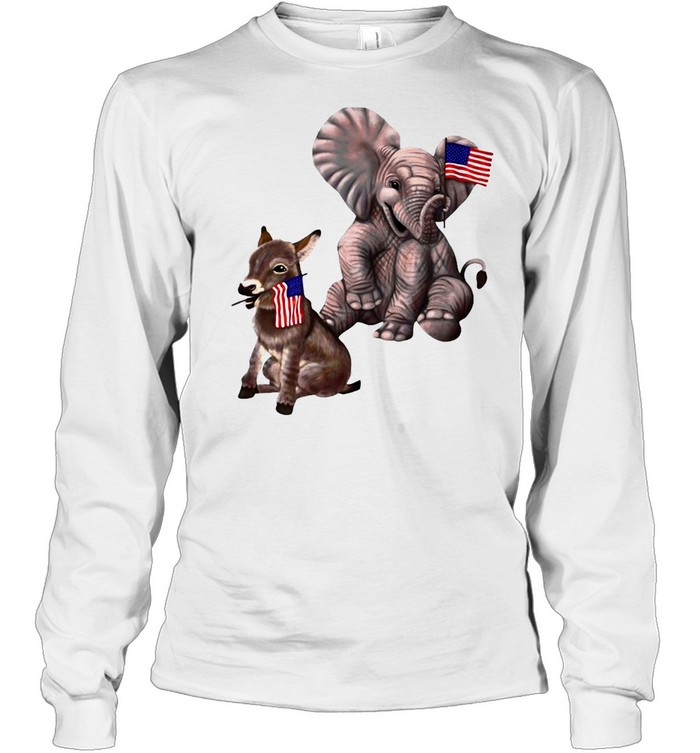 Elephant And Donkey Holding American Flags Bipartisan T-shirt Long Sleeved T-shirt