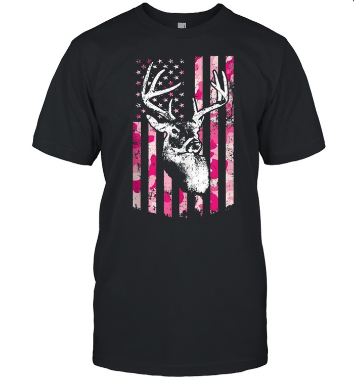 Whitetail Buck Deer Hunting Pink Camo American Flag shirt Classic Men's T-shirt