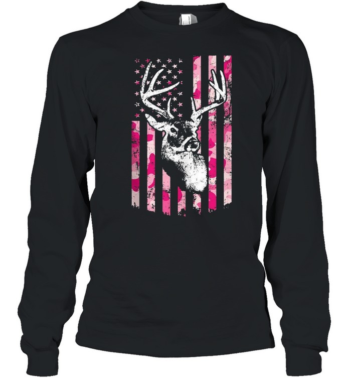 Whitetail Buck Deer Hunting Pink Camo American Flag shirt Long Sleeved T-shirt