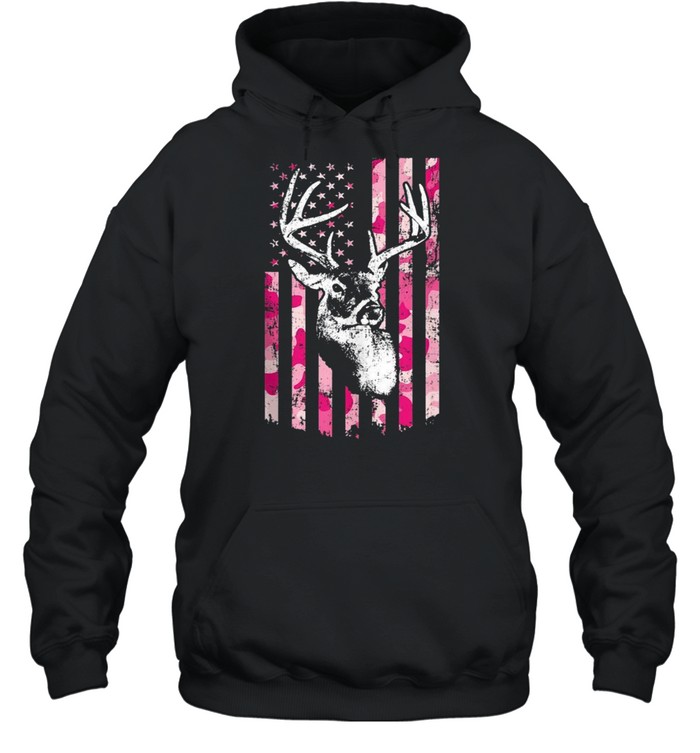 Whitetail Buck Deer Hunting Pink Camo American Flag shirt Unisex Hoodie