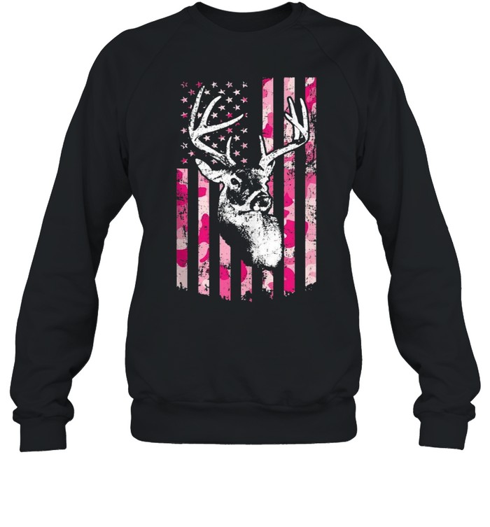 Whitetail Buck Deer Hunting Pink Camo American Flag shirt Unisex Sweatshirt