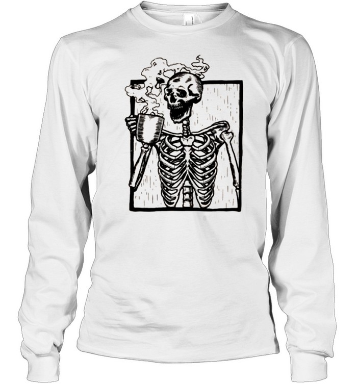 Distressed Skeleton Vintage Picture Smiling Skull Coffee shirt Long Sleeved T-shirt