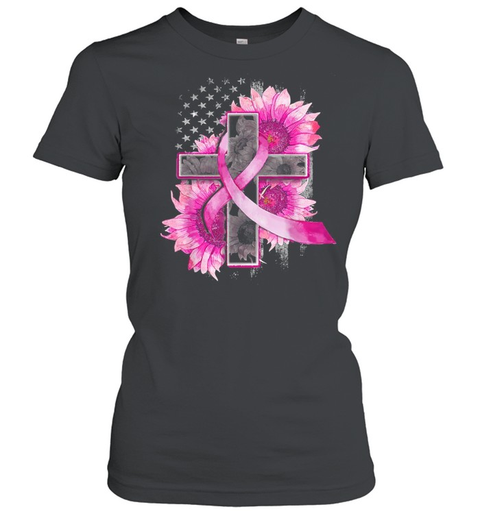 Christian Cross Pink Ribbon Sunflower Breast Cancer Warrior shirt Classic Women's T-shirt