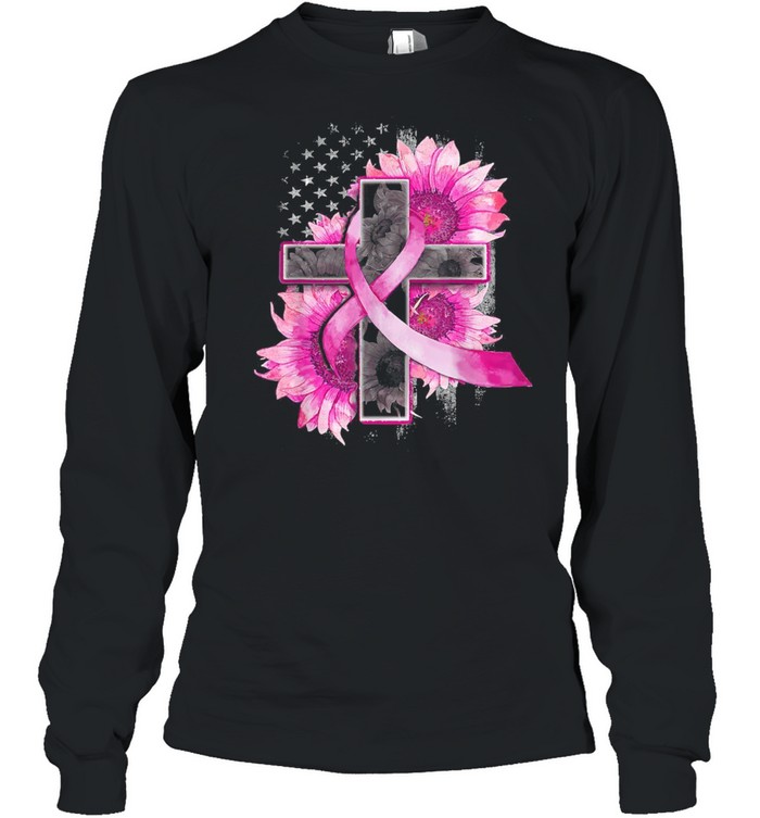 Christian Cross Pink Ribbon Sunflower Breast Cancer Warrior shirt Long Sleeved T-shirt