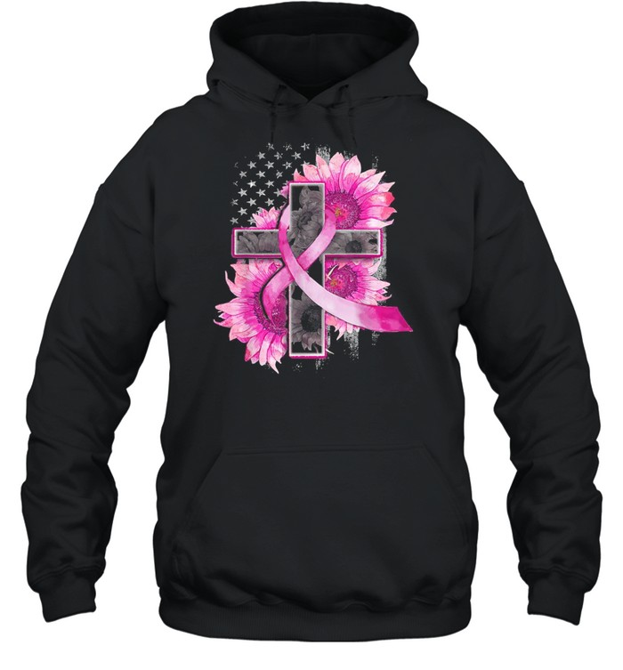 Christian Cross Pink Ribbon Sunflower Breast Cancer Warrior shirt Unisex Hoodie