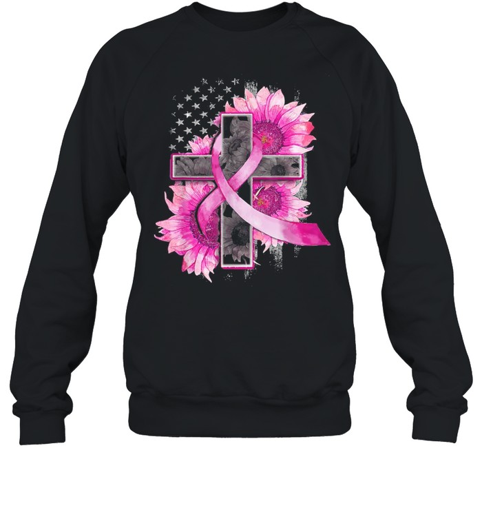 Christian Cross Pink Ribbon Sunflower Breast Cancer Warrior shirt Unisex Sweatshirt