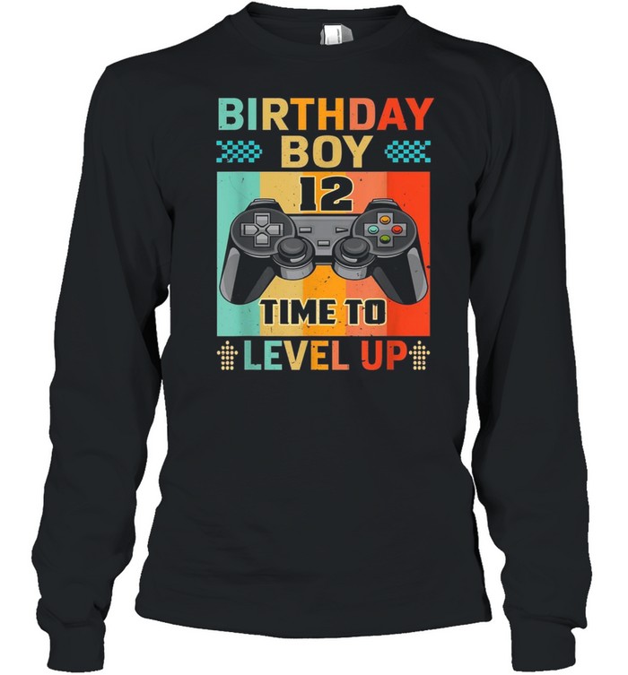 Retro Vintage Gaming 12 Years Old Level Up 12th Birthday Boy shirt Long Sleeved T-shirt