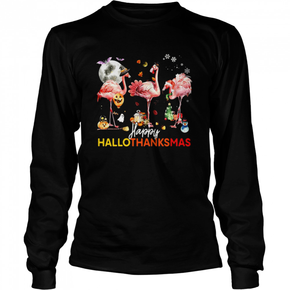 Flamingo Happy Halloween Thanksgiving Christmas T-shirt Long Sleeved T-shirt