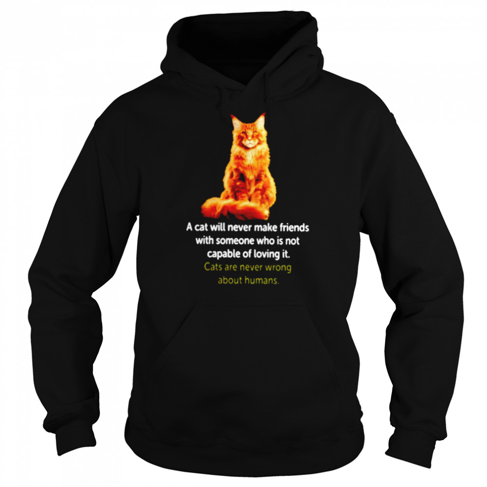 A cat will never make friends with someone who is not capable of loving it shirt Unisex Hoodie