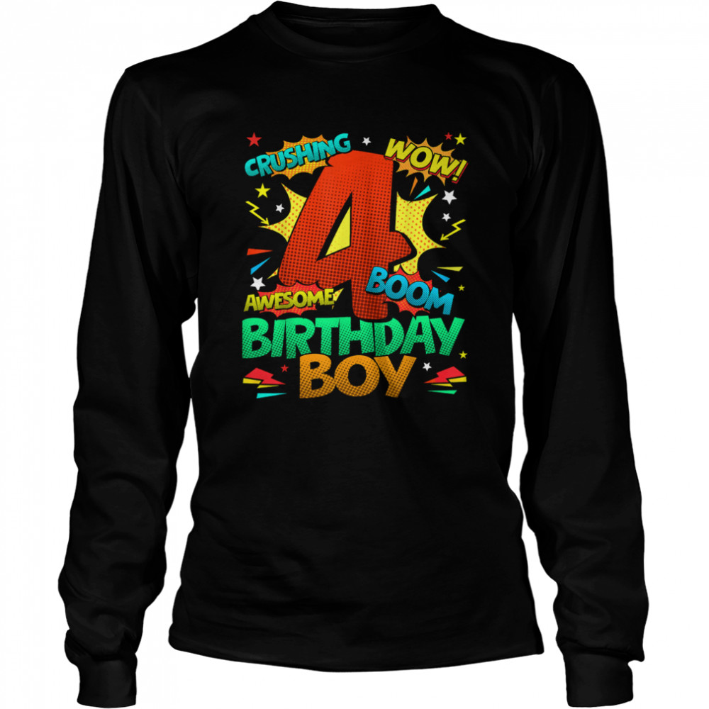 4th Birthday Kids Comic Style Kids Boys 4th Birthday shirt Long Sleeved T-shirt