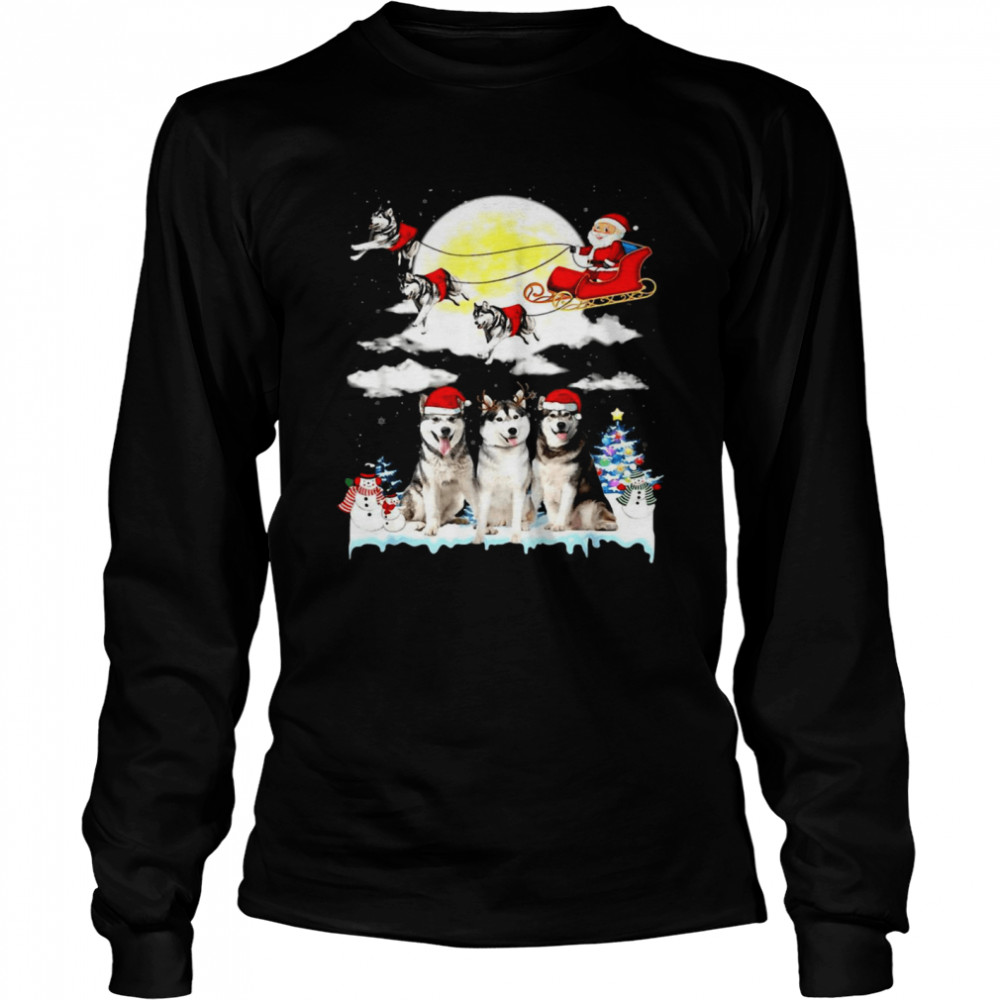 Husky Dog Santa Sleigh Christmas Long Sleeved T-shirt