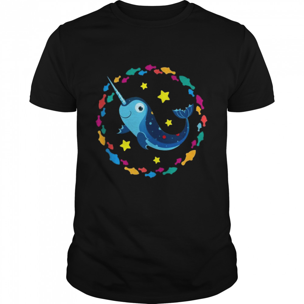 Small happy narwhal surrounded by small fishes Classic Men's T-shirt