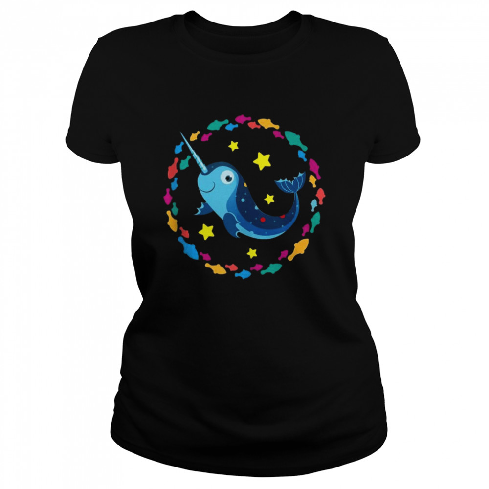 Small happy narwhal surrounded by small fishes Classic Women's T-shirt