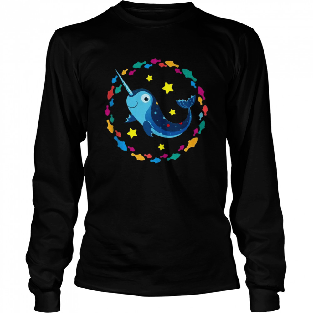 Small happy narwhal surrounded by small fishes Long Sleeved T-shirt