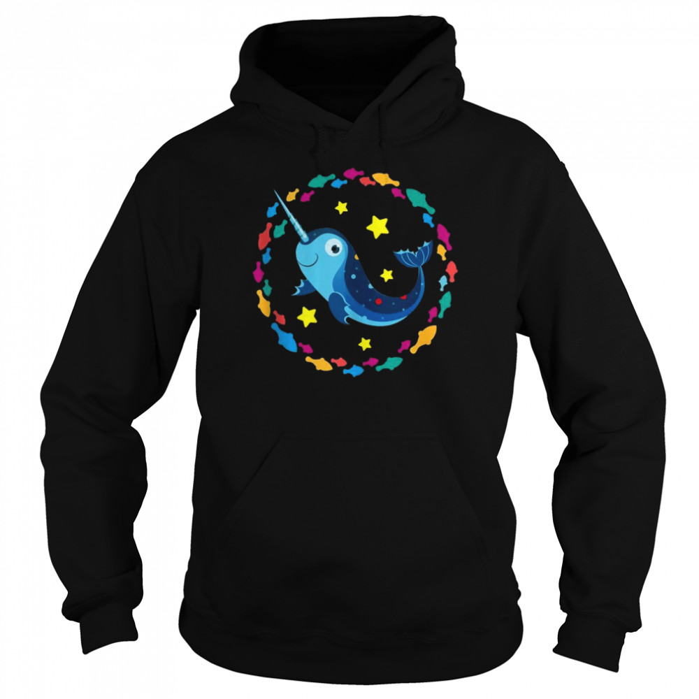 Small happy narwhal surrounded by small fishes Unisex Hoodie