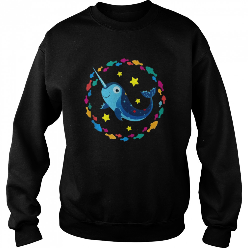 Small happy narwhal surrounded by small fishes Unisex Sweatshirt