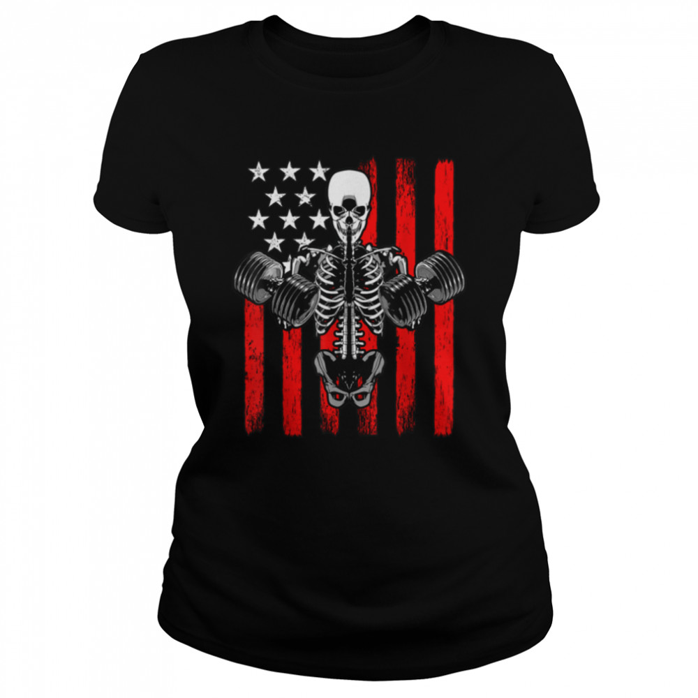 Bodybuilder Skeleton Gym Workout Athlete Halloween USA Flag T- B09JZG3HJL Classic Women's T-shirt