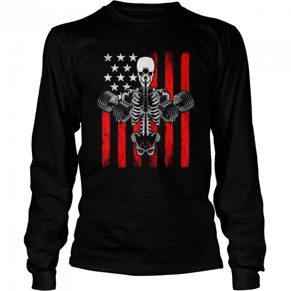 Bodybuilder Skeleton Gym Workout Athlete Halloween USA Flag T- B09JZG3HJL Long Sleeved T-shirt