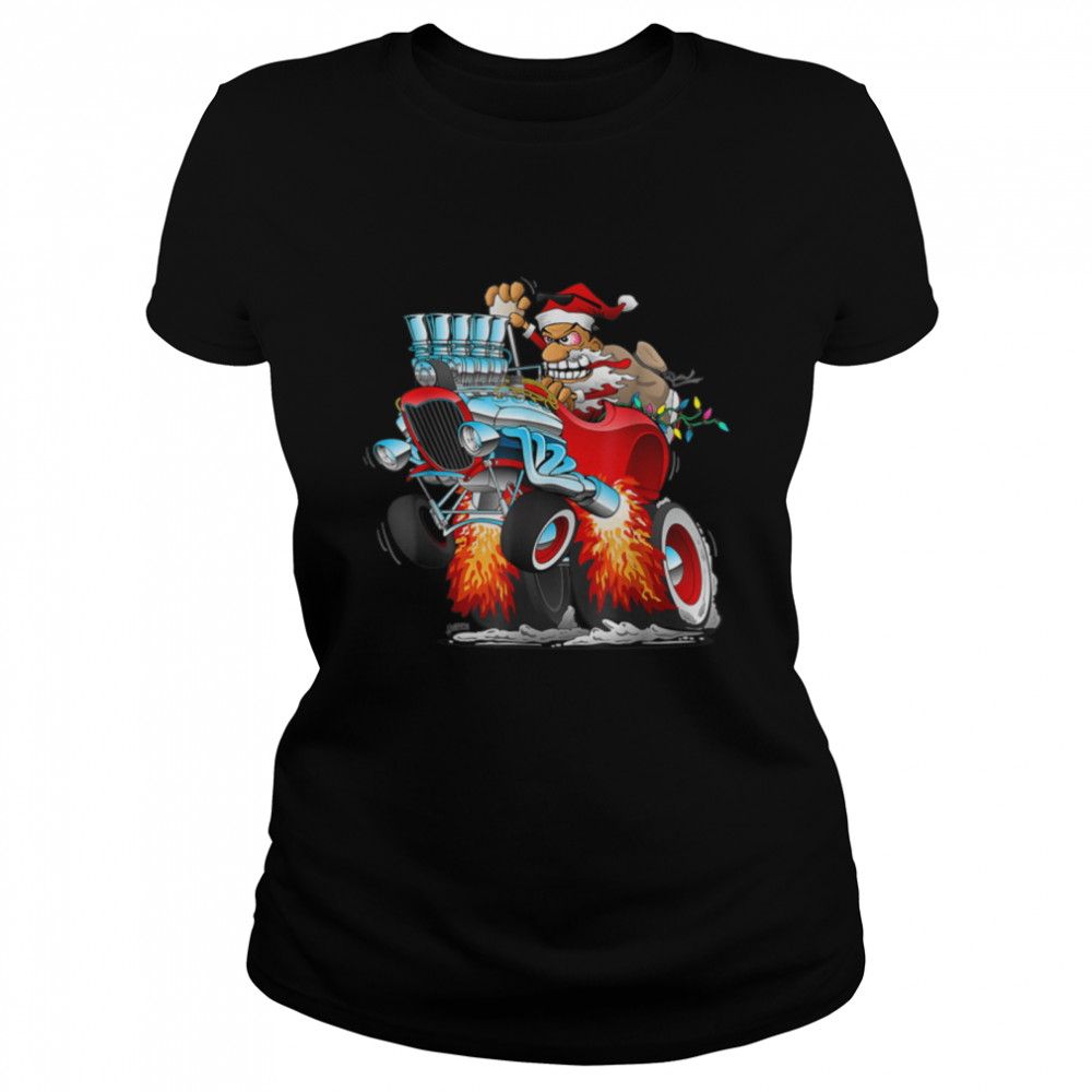 Funny Hot Rod Santa Claus Christmas Holiday Car T- B09JT5VM5K Classic Women's T-shirt