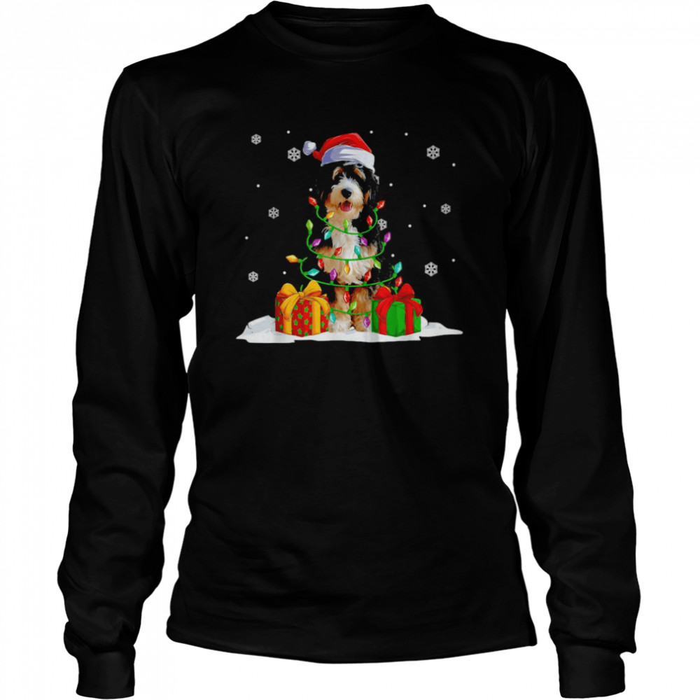 Bernedoodle Santa Christmas Tree Lights Xmas Pajama Pet Dogs T-shirt Long Sleeved T-shirt