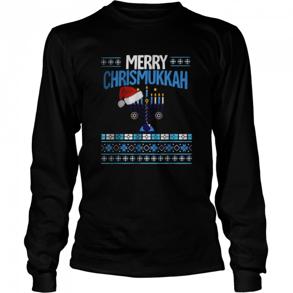 Merry Chrismukkah Menorah Santa Hat Ugly Hanukkah Christmas T- Long Sleeved T-shirt