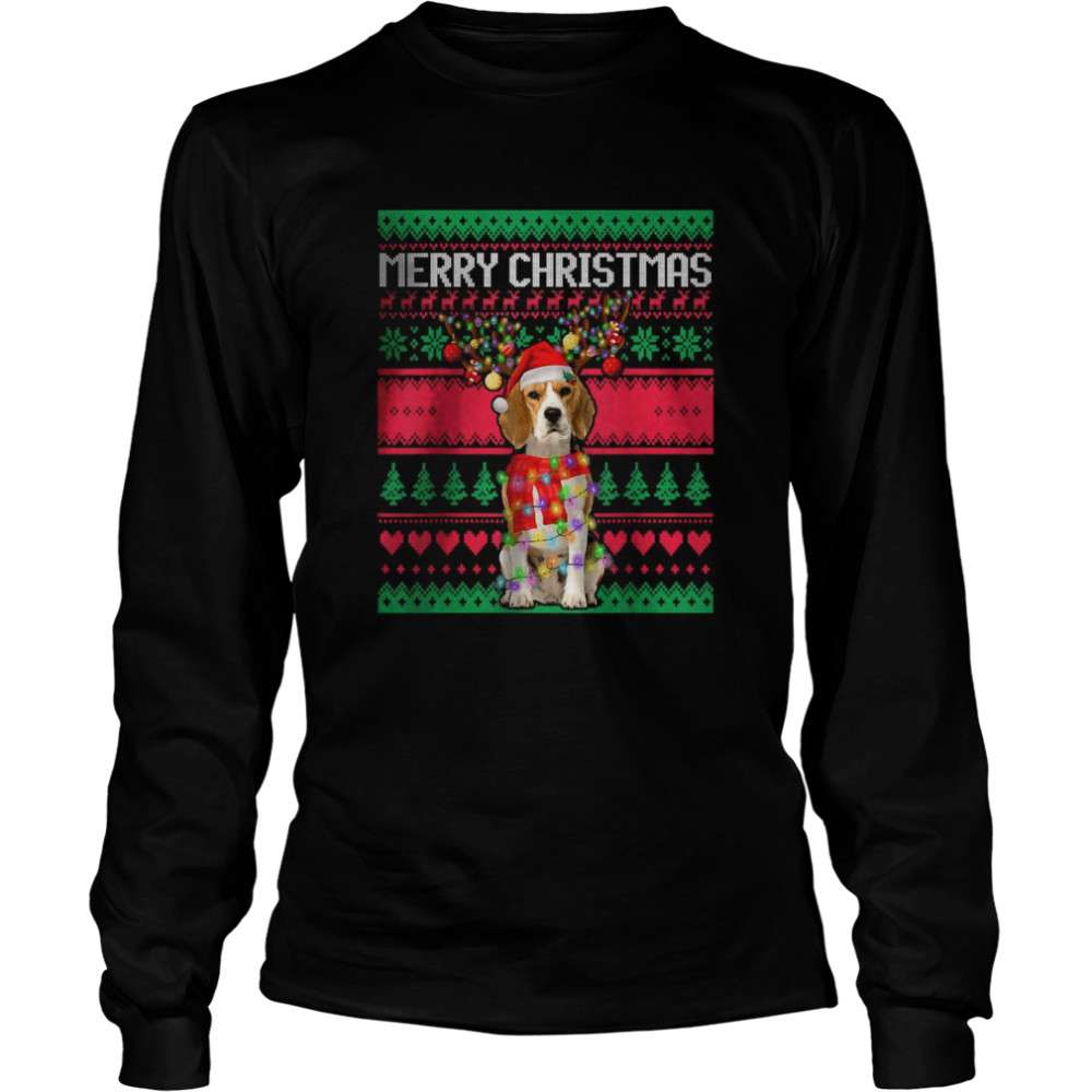 Merry Christmas Beagle Reindeer Lighting Xmas Ugly Pajama T- Long Sleeved T-shirt