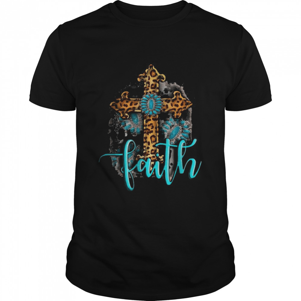 Western Boho Christian Turquoise Leopard Faith Cross Jesus T- Classic Men's T-shirt