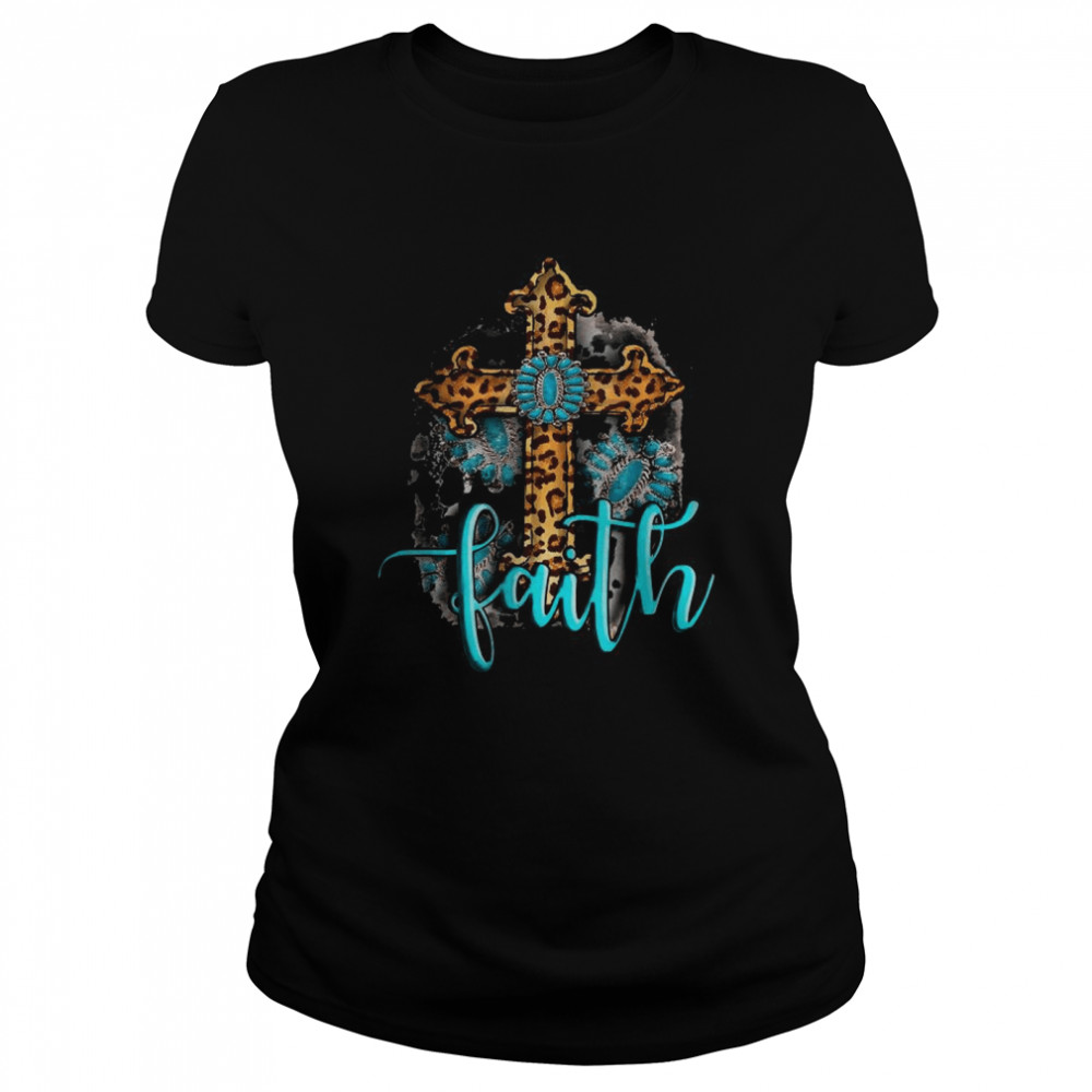 Western Boho Christian Turquoise Leopard Faith Cross Jesus T- Classic Women's T-shirt