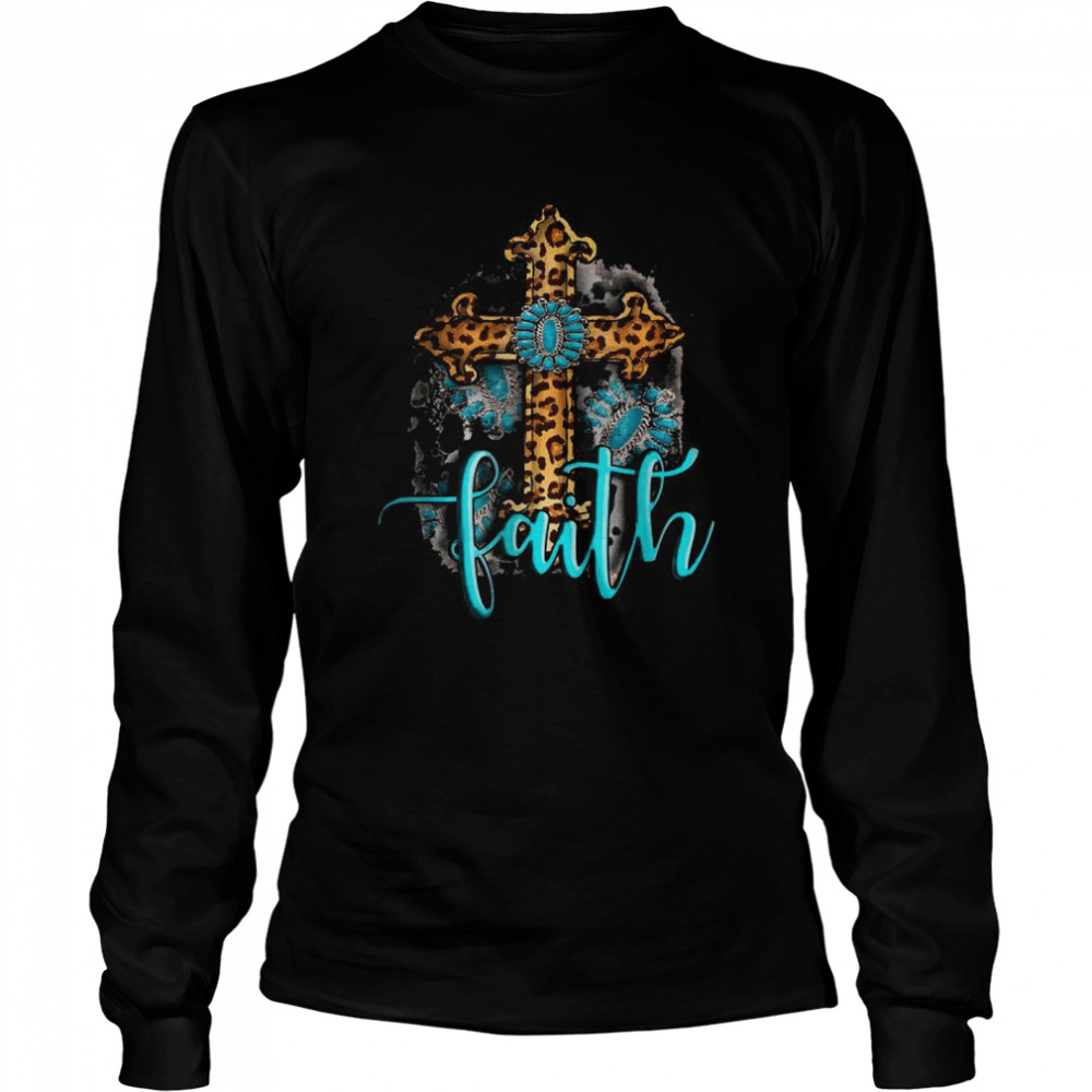 Western Boho Christian Turquoise Leopard Faith Cross Jesus T- Long Sleeved T-shirt