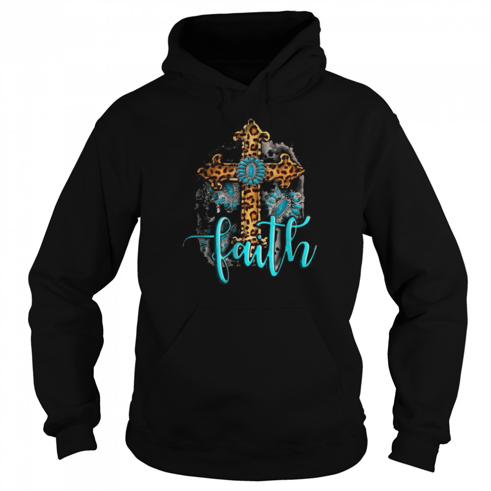 Western Boho Christian Turquoise Leopard Faith Cross Jesus T- Unisex Hoodie