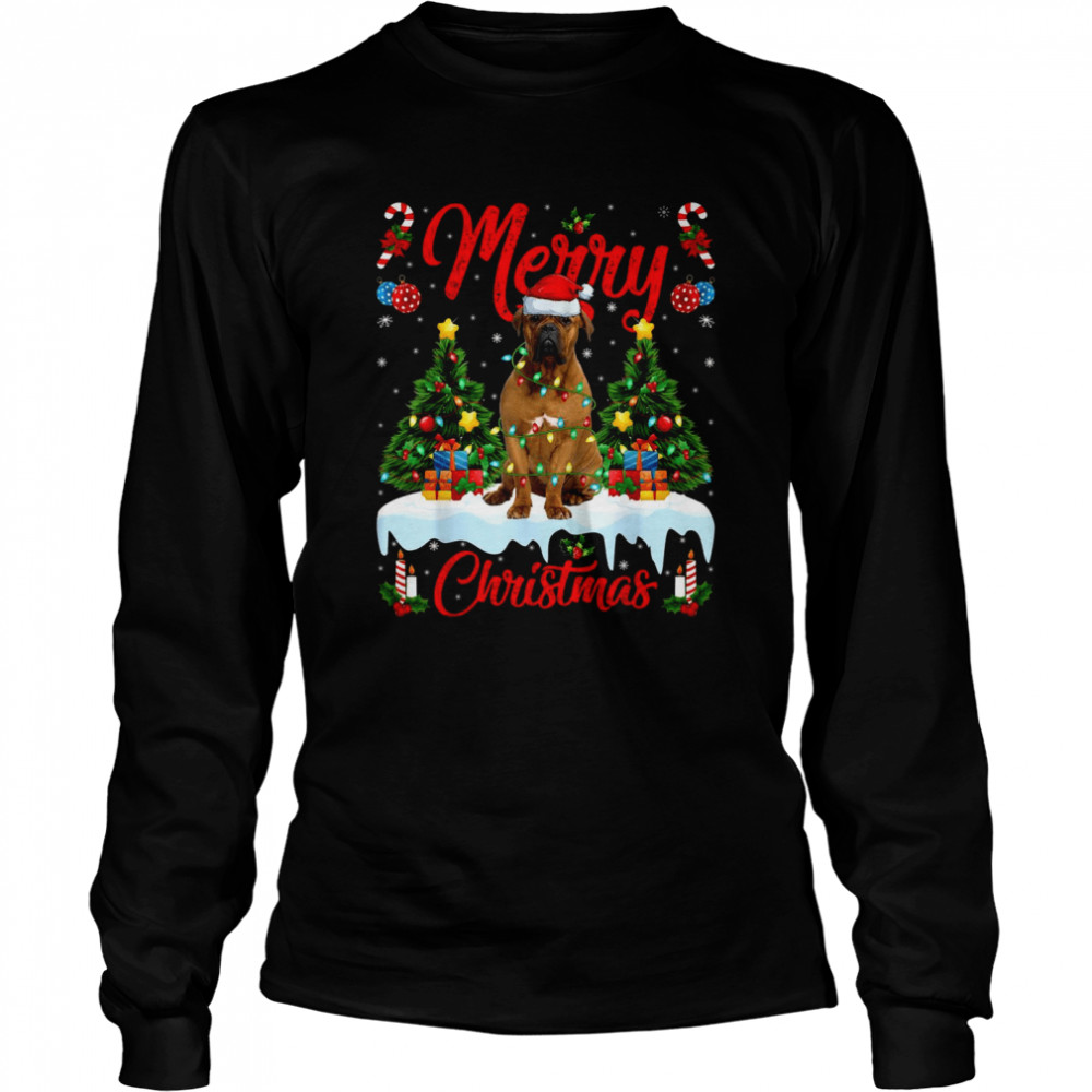 Mastiff Dog Xmas Lighting Santa Hat Mastiff Christmas Long Sleeved T-shirt