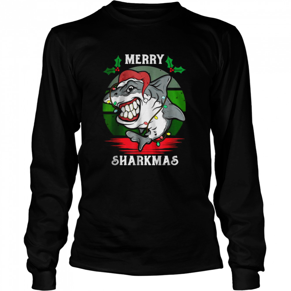 Santa Hat Shark Merry Sharkmas Christmas PJ Pajama shirt Long Sleeved T-shirt