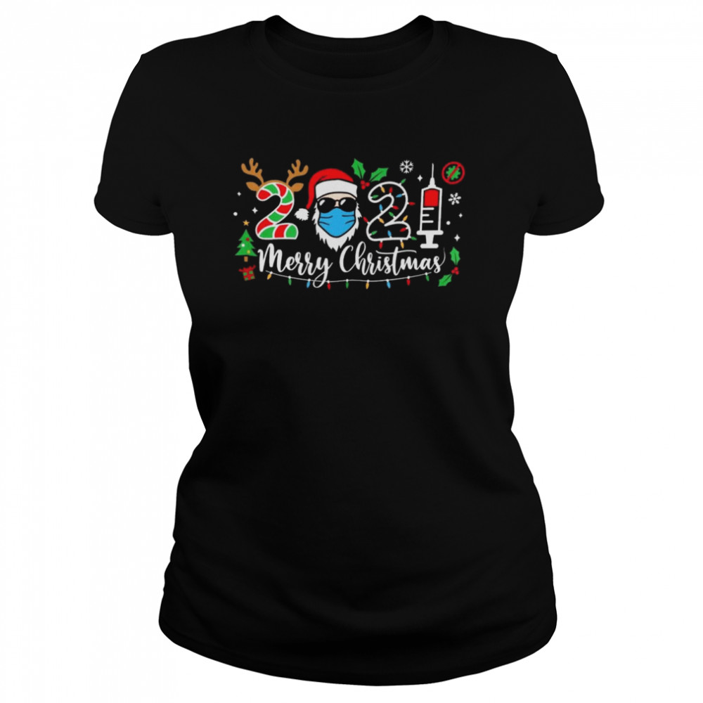 Santa In Sunglasses Wearing Mask 2021 Vaccine Merry Christmas Classic Women's T-shirt