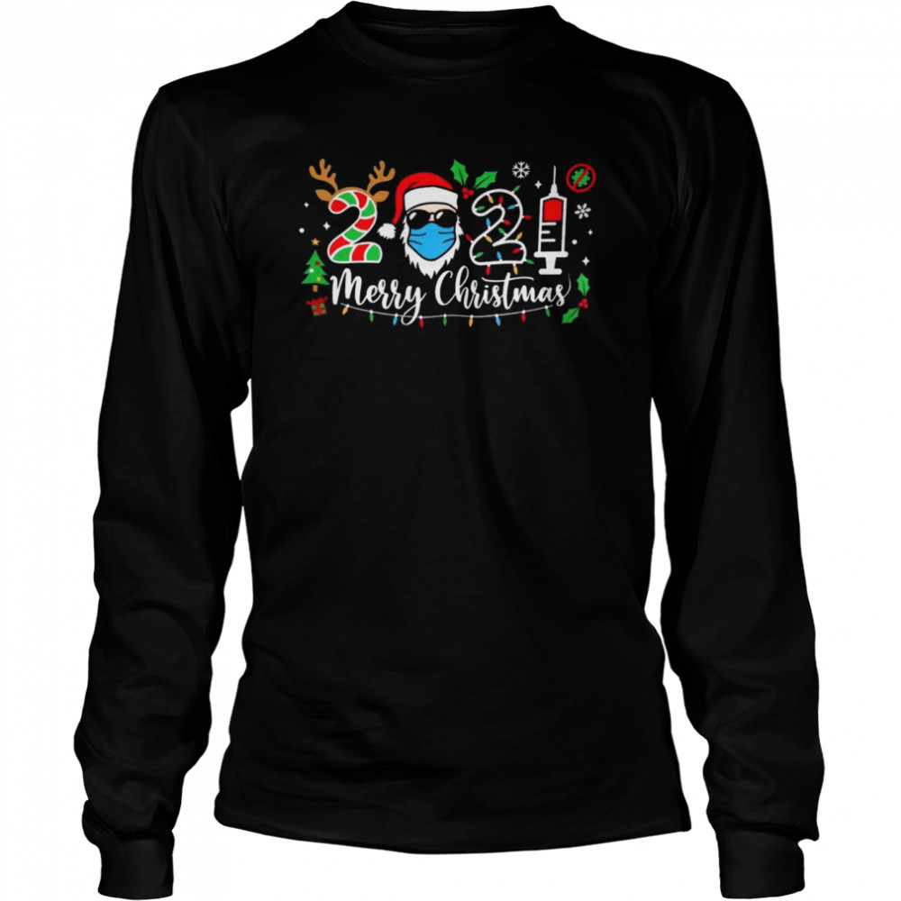 Santa In Sunglasses Wearing Mask 2021 Vaccine Merry Christmas Long Sleeved T-shirt