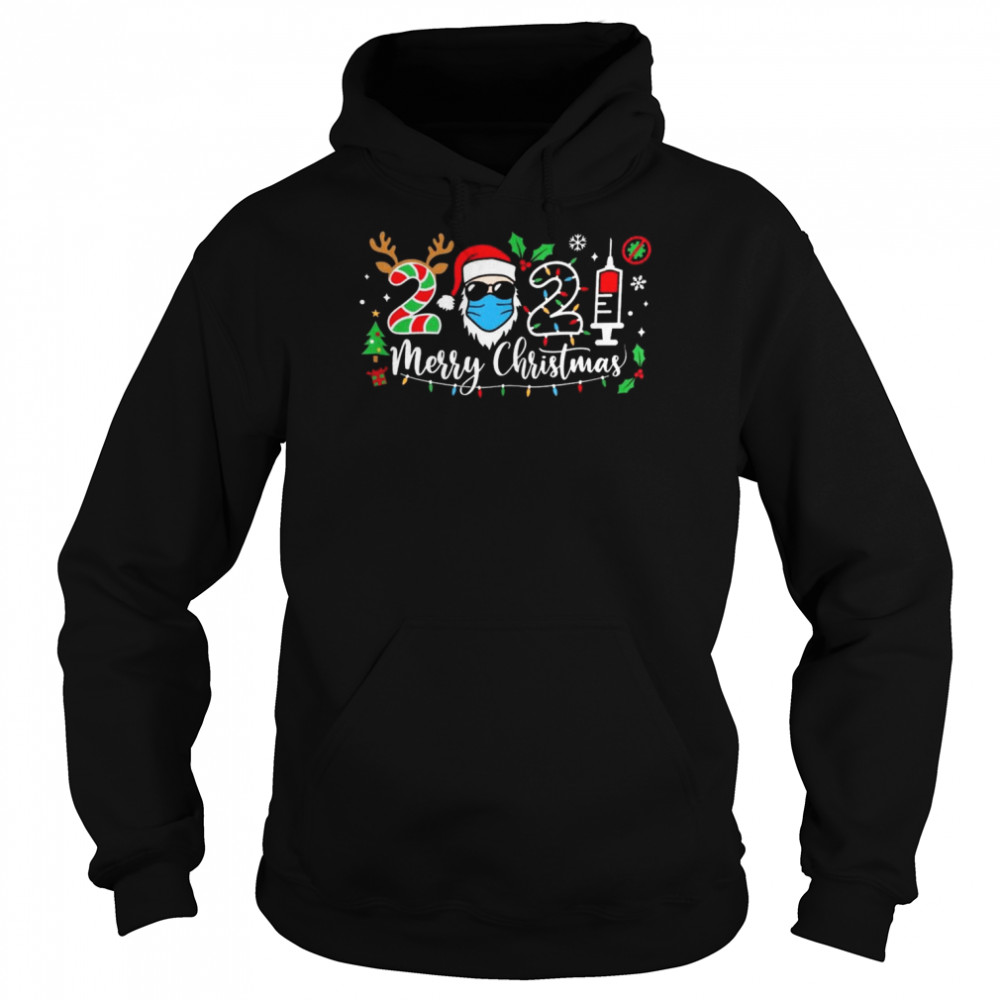 Santa In Sunglasses Wearing Mask 2021 Vaccine Merry Christmas Unisex Hoodie